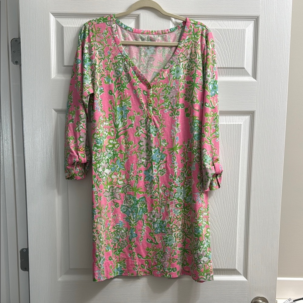 Lilly Pulitzer Pink and Green Resort Dress V-Neck Cuffed Sleeves